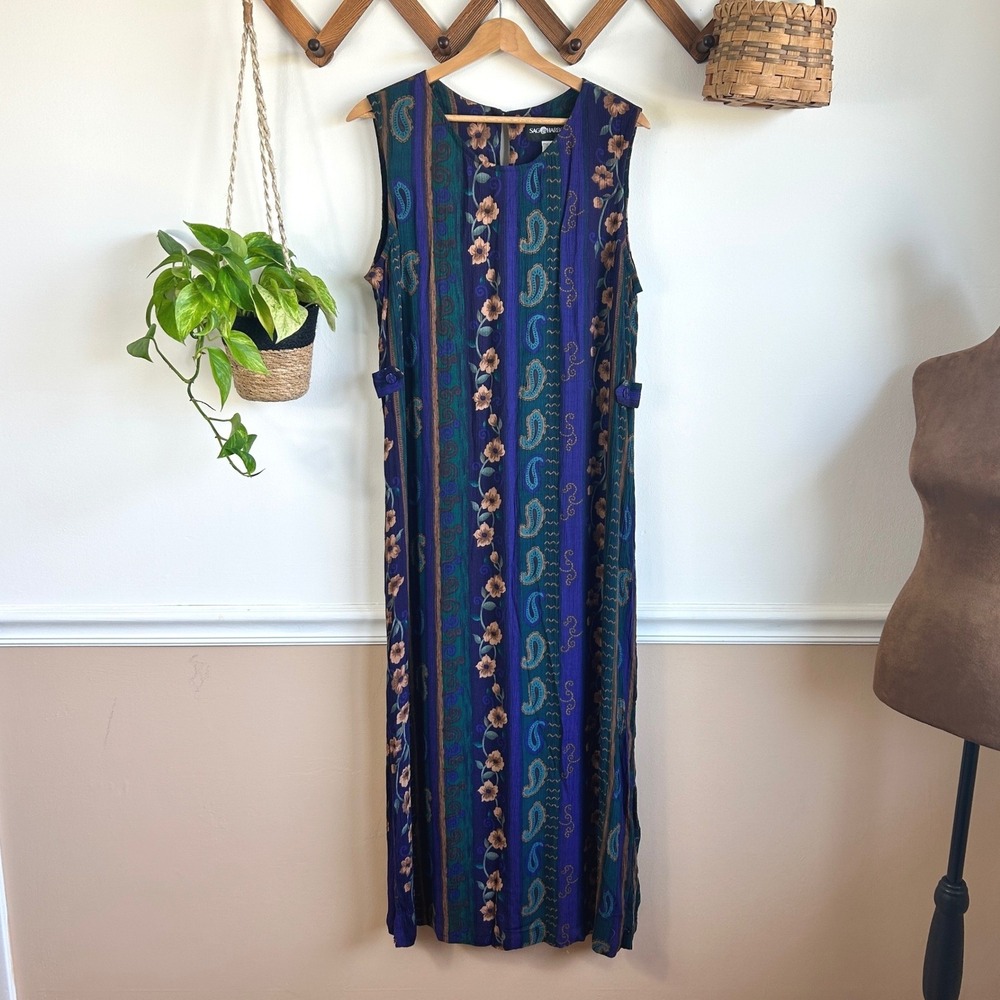 Sag Harbor Vintage Large Purple Teal Paisley Floral Rayon Maxi Dress Boho Garden